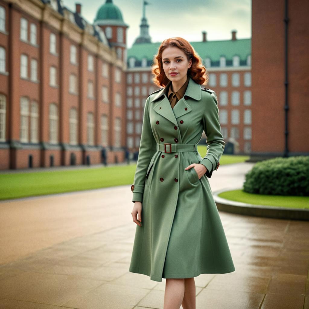 Stylish Woman in Green Trench Coat