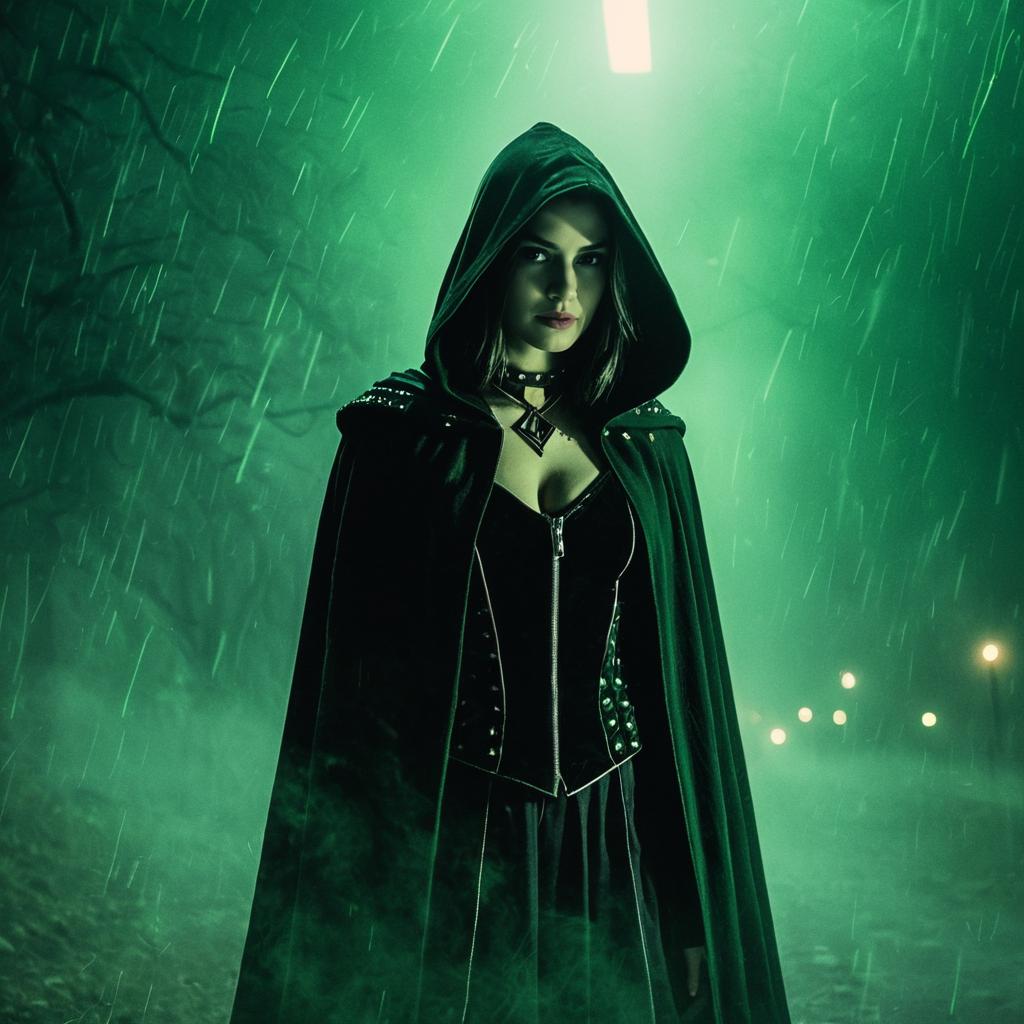 Mysterious Woman in Gothic Hooded Cape in Rainy Forest