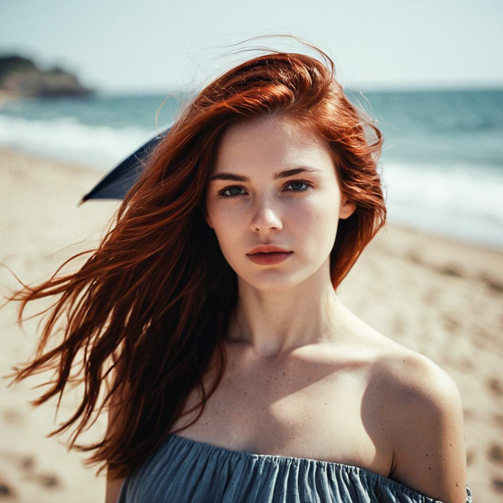 Portrait of Young Woman with Red Hair on Beach