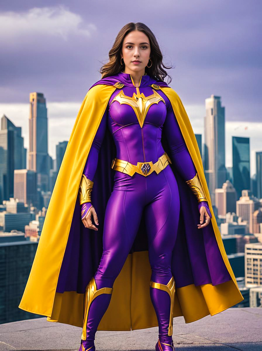 Superhero Woman in Purple Suit with Yellow Cape