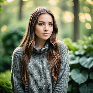 Young woman in gray sweater outdoors