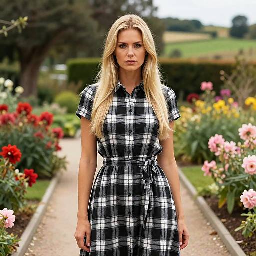 Young Woman Wearing Black and White Plaid Dress in Garden Pathway
