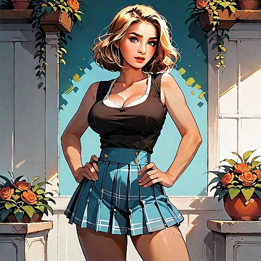 Confident Young Woman in Blue Plaid Skirt and Black Tank Top Digital Art