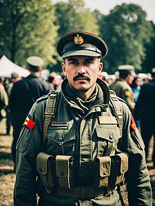 Man in Realistic Army Soldier Costume at Outdoor Cosplay Festival