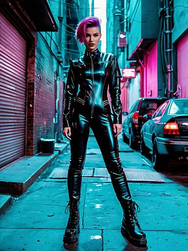 Futuristic Woman in Black Leather Catsuit Neon Cyberpunk Alley