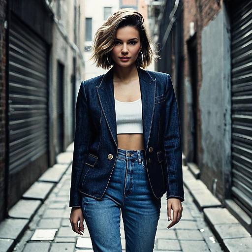 Stylish Woman in Denim Blazer and Jeans Walking in Urban Alley