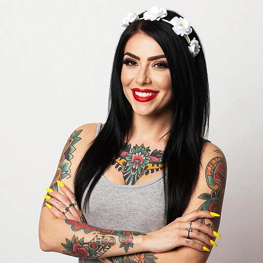 Confident Woman with Floral Headband and Colorful Tattoos in Grey Tank Top