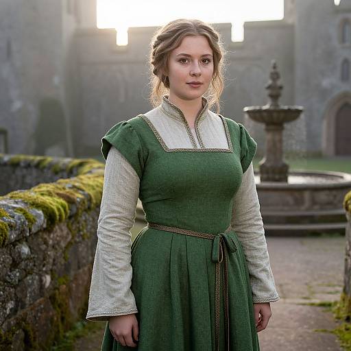 Medieval Woman in Green Dress at Historic Castle