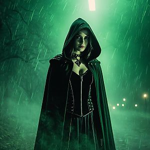 Mysterious Woman in Gothic Hooded Cape in Rainy Forest