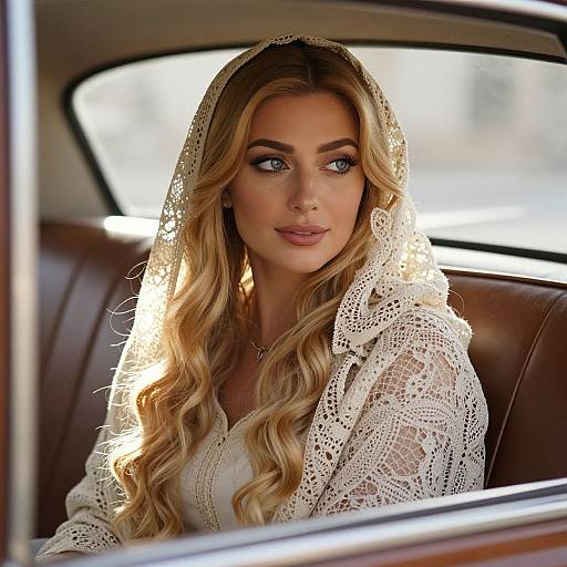 Elegant Woman Wearing Lace Shawl in Vintage Car