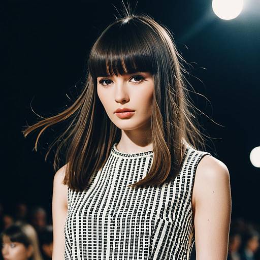 Young Woman in Black and White Checkered Outfit on Fashion Runway