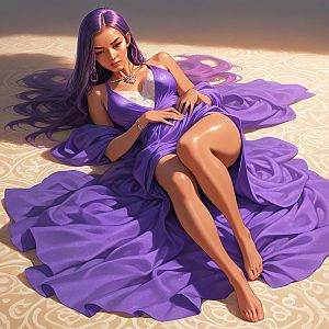 Elegant Woman with Long Purple Hair in Flowing Purple Gown Digital Art