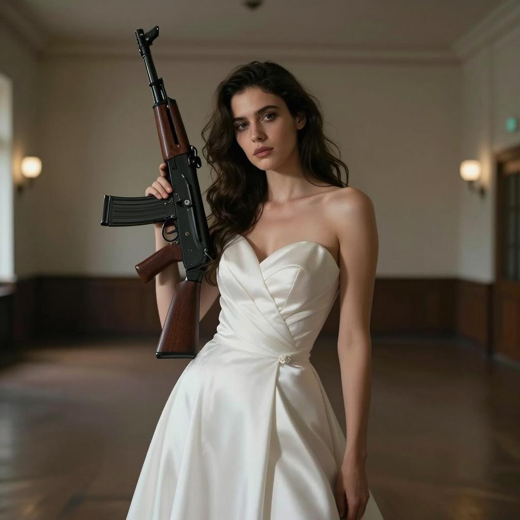 Stylish Woman in Wedding Dress Holding Assault Rifle Indoors