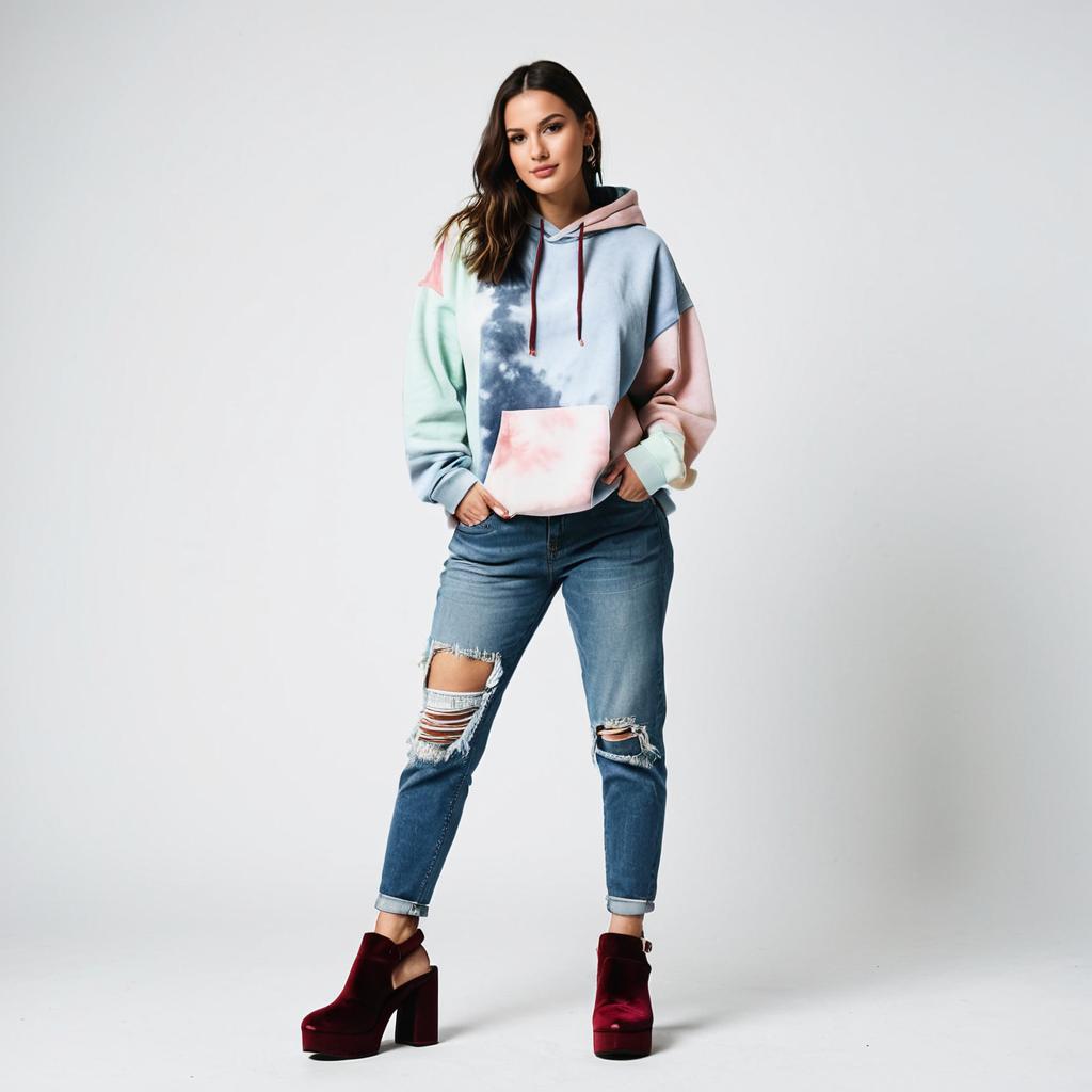 Young Woman in Pastel Tie-Dye Hoodie and Distressed Jeans Fashion Look