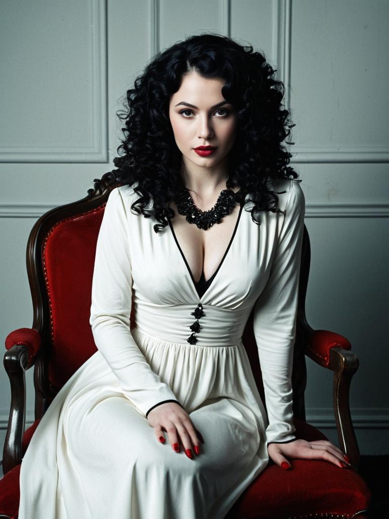 Elegant Woman with Curly Hair in White Dress Sitting on Vintage Red Chair