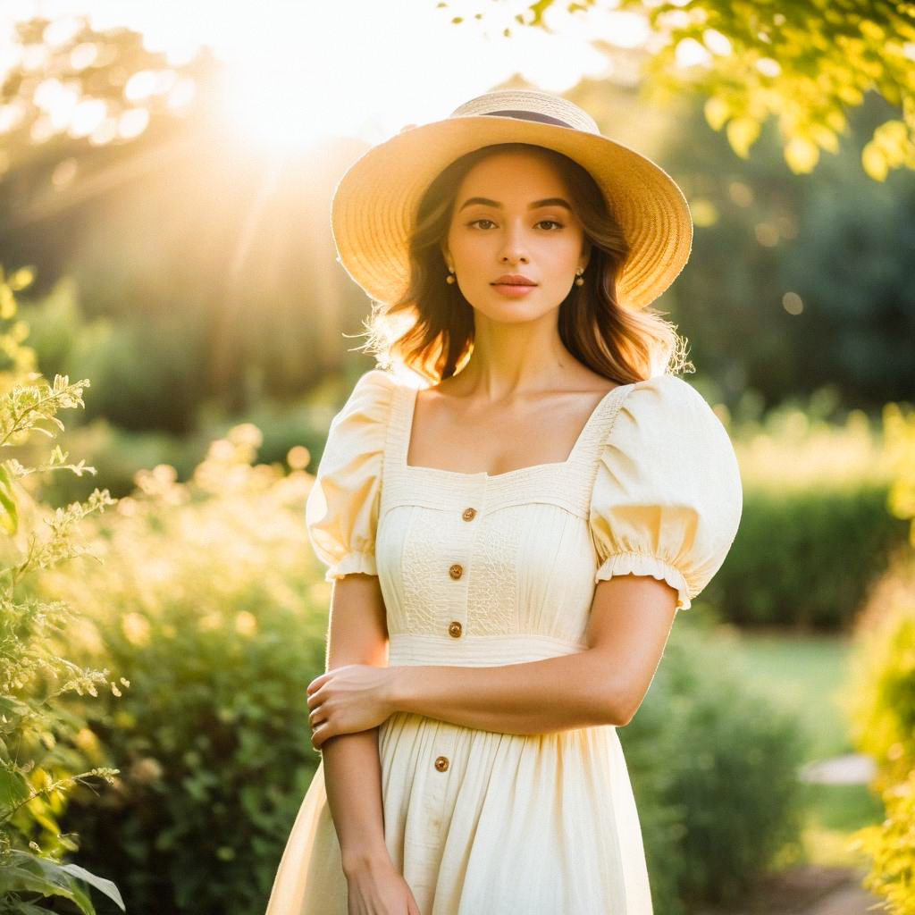 Young Woman in Vintage Dress in Sunlit Garden