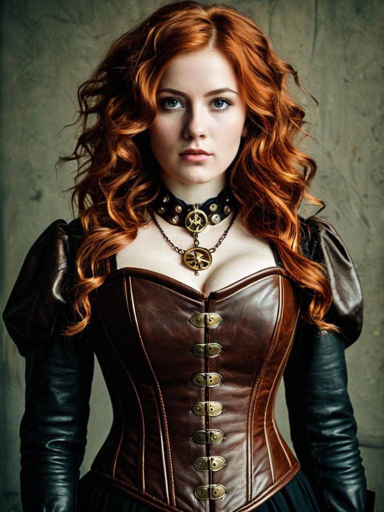 Elegant Woman in Brown Leather Steampunk Corset with Red Curly Hair