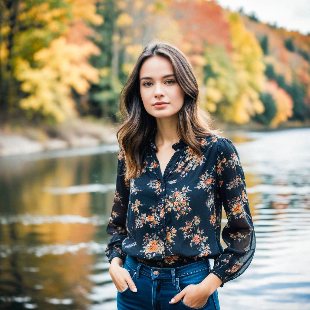 Young Woman by Calm River in Autumn