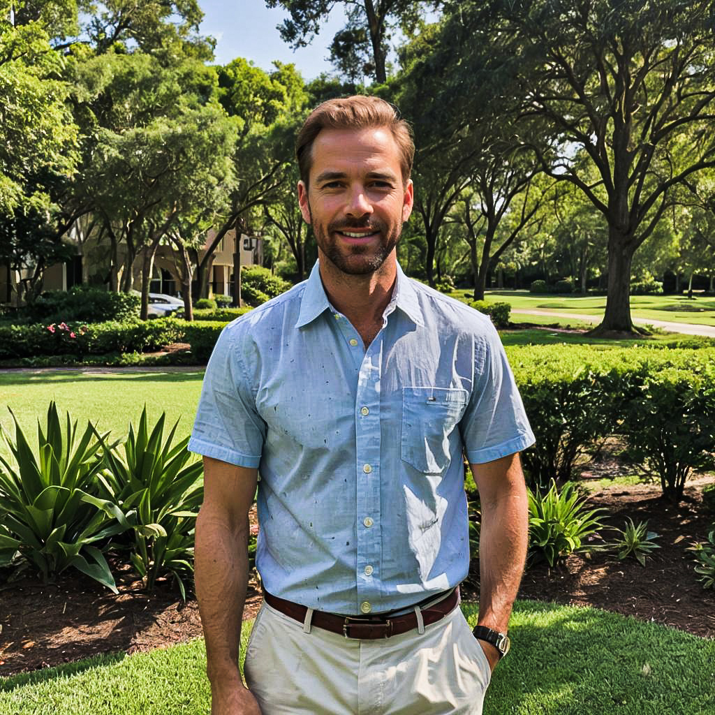 Confident Man in Lush Green Landscape