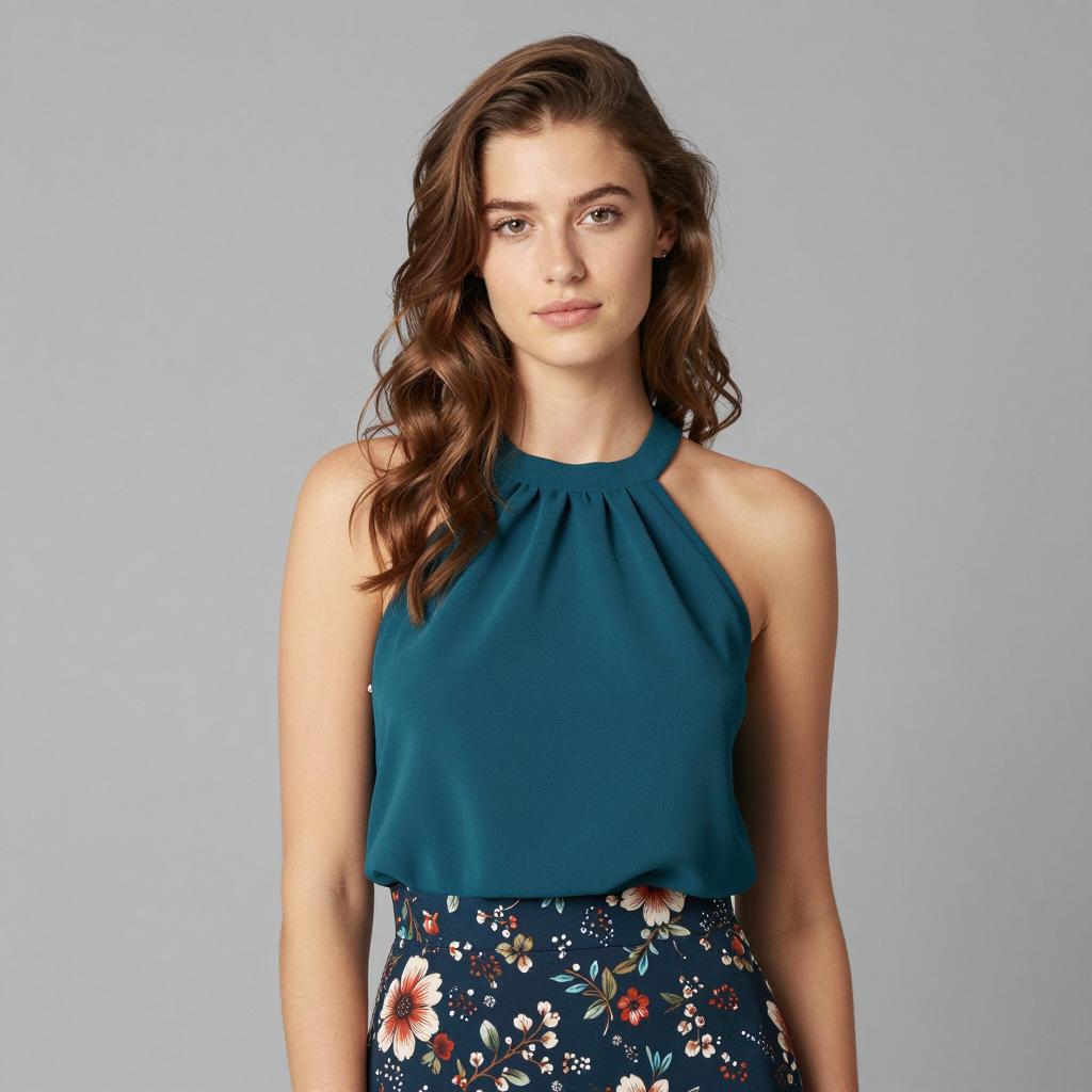 Young Woman in Teal Halter Top and Floral Skirt Fashion Portrait