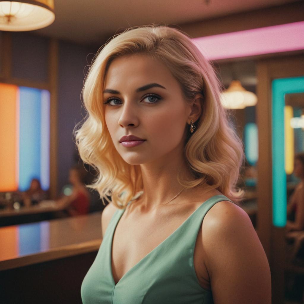 Petite Blonde Woman in Neon Modern Setting