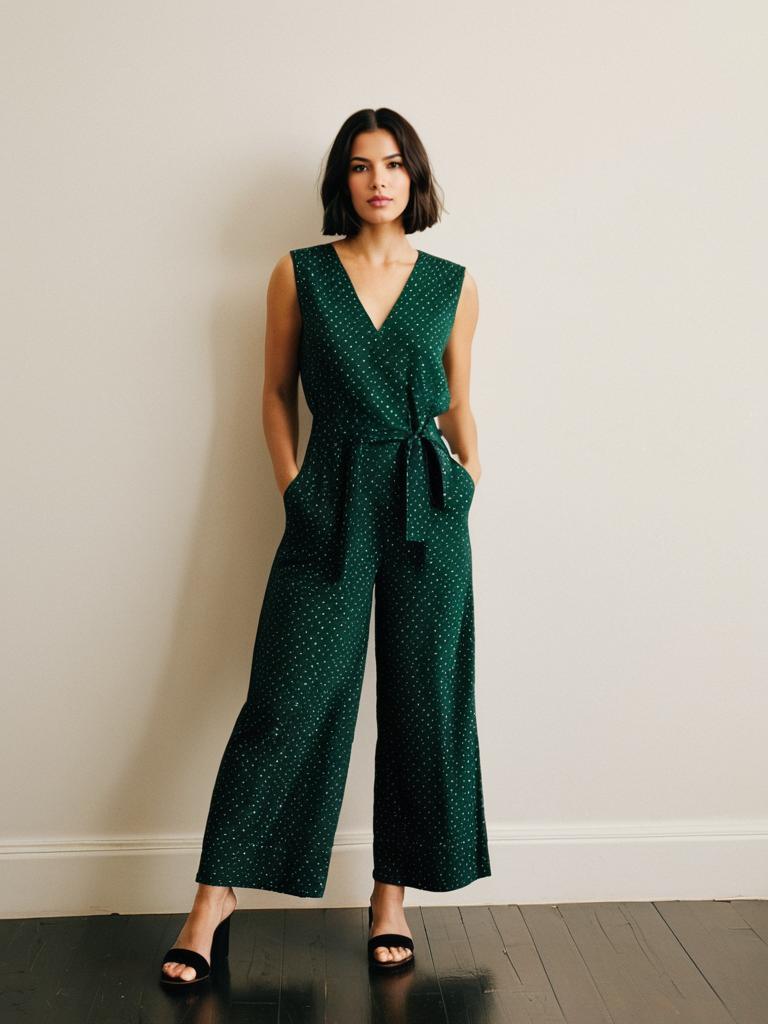 Elegant Dark Green Polka Dot Sleeveless Jumpsuit for Women