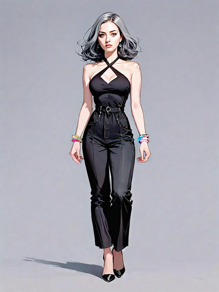 Stylish Woman in Black Outfit Realistic Comic Style Full Body Illustration