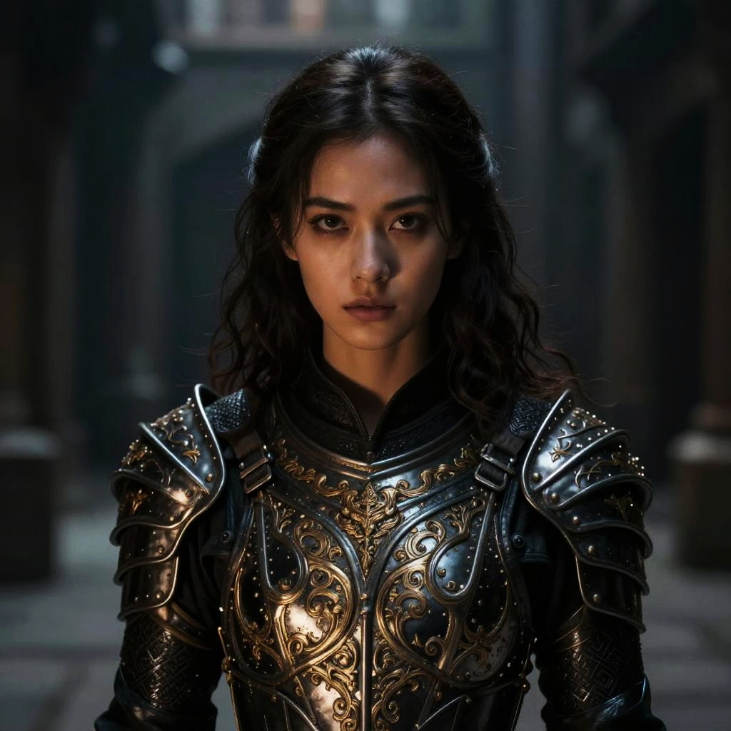 Young Woman in Ornate Medieval Armor Warrior Portrait
