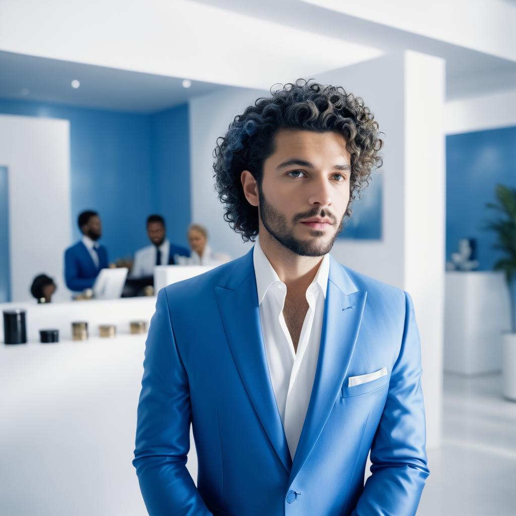 Stylish Young Man in Blue Suit in Office