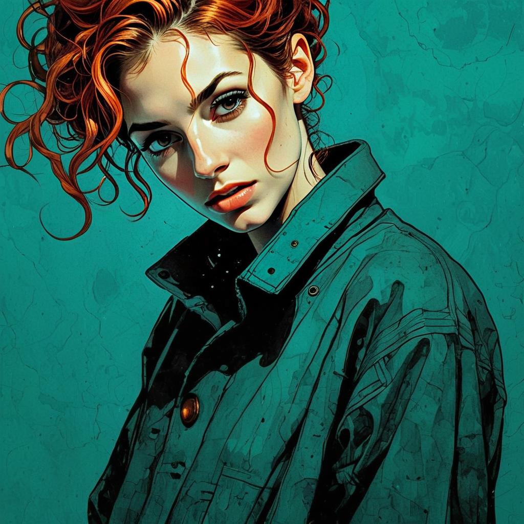 Digital Portrait of Red-Haired Woman in Teal Jacket Illustration