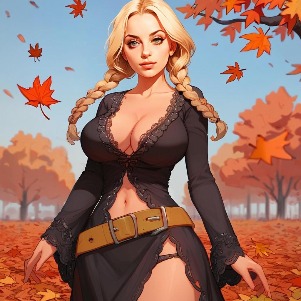 Blonde Woman in Black Outfit with Autumn Leaves