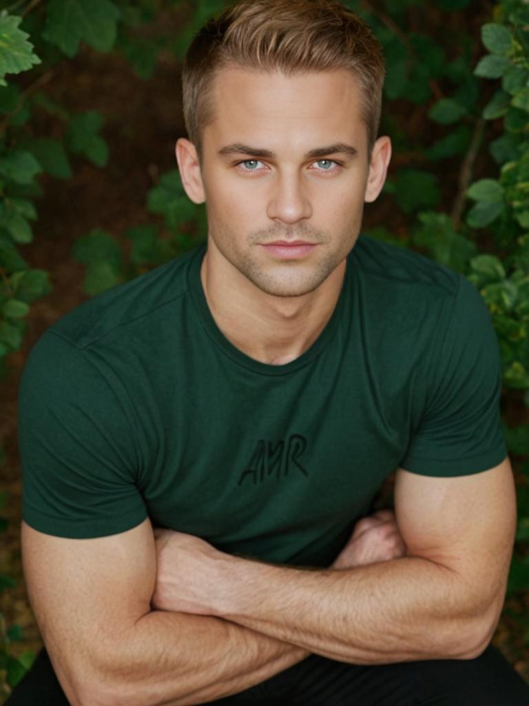 Confident Man in Green Shirt Sitting Casual