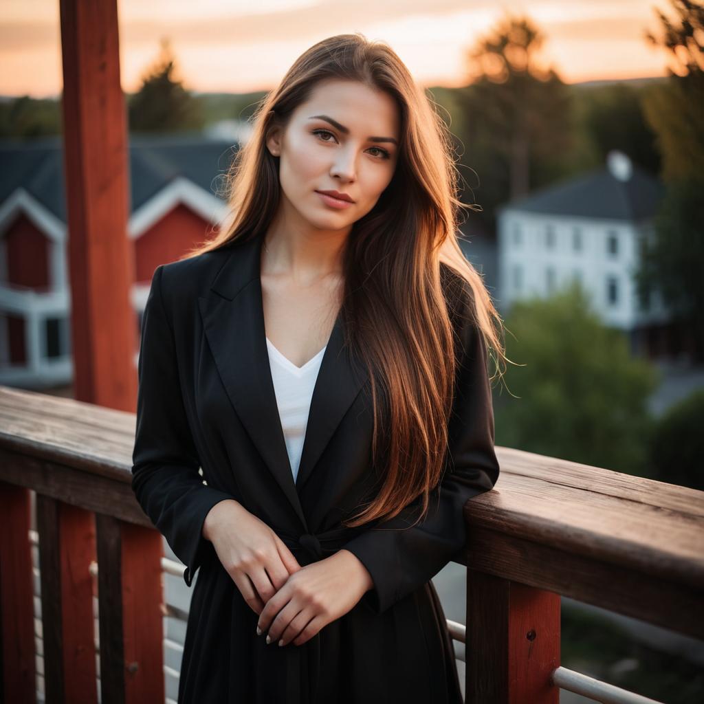 Young Woman in Black Blazer Posing on Balcony at Sunset