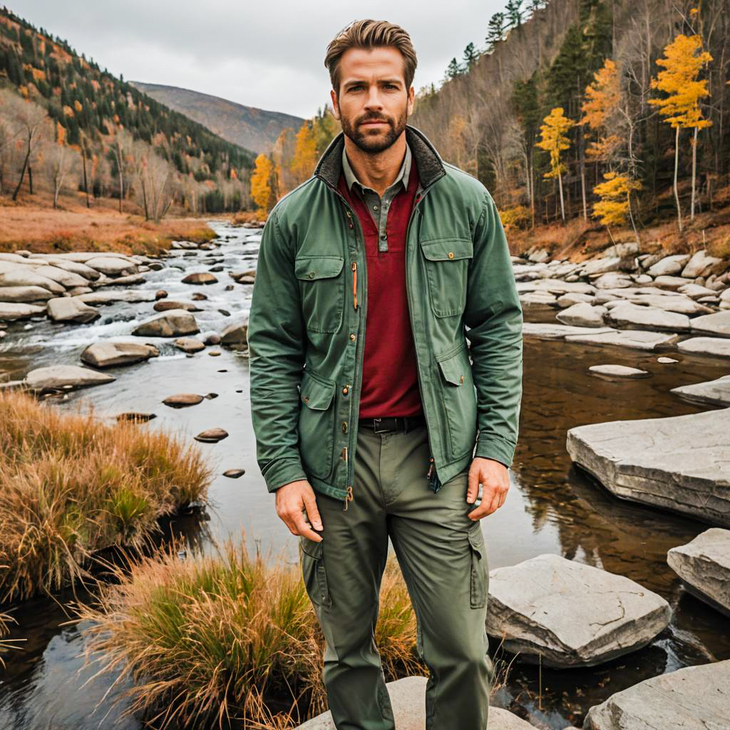 Man in Green Jacket by Autumn River in Mountain Landscape