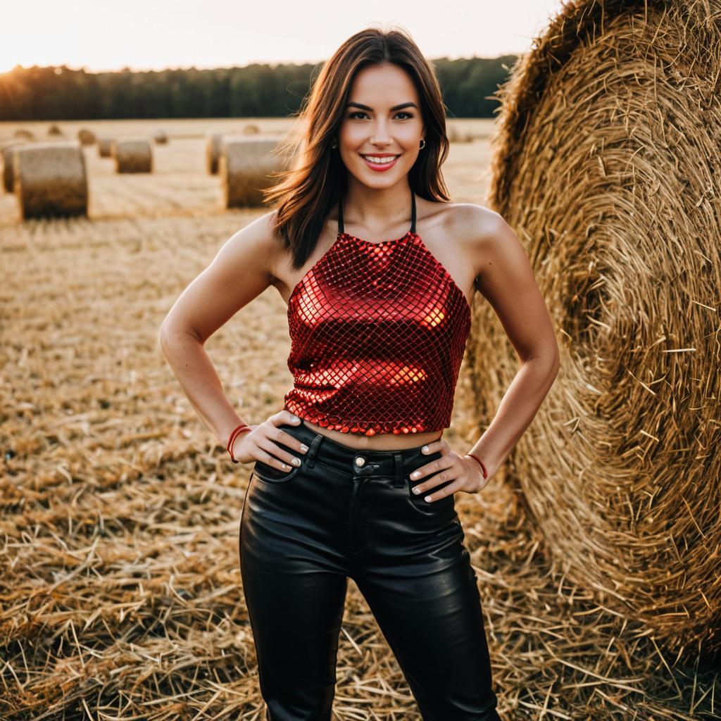 Confident Woman in Field with Hay Bales