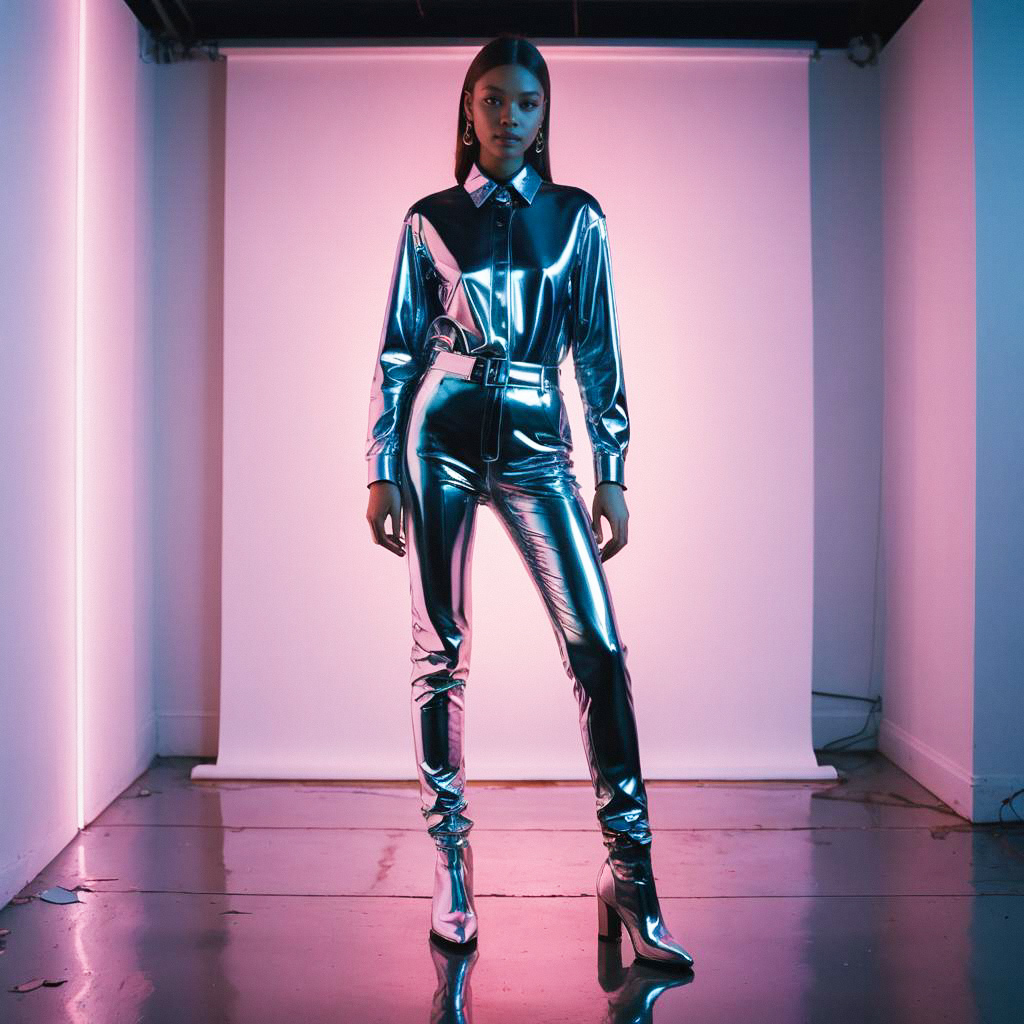 Confident Woman in Metallic Outfit