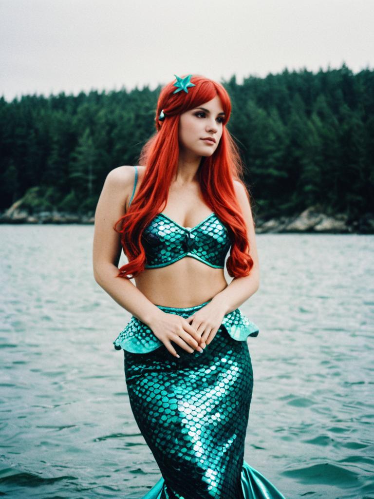 Woman in Green Mermaid Costume by Water