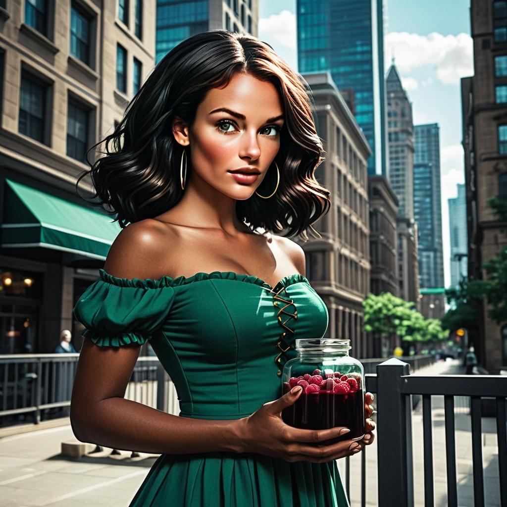 Elegant Woman in Green Dress Holding Jar with Raspberries in Urban Cityscape