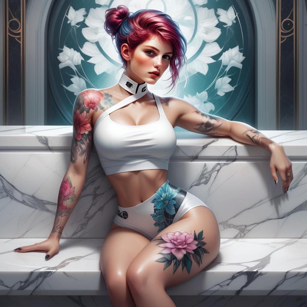 Stylized portrait of a woman with pink and blue hair on marble steps