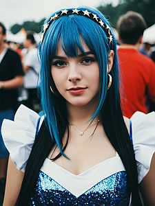 Woman in Blue Pop Star Cosplay Costume at Cosplay Festival Portrait