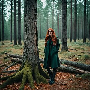 Thoughtful Woman in Misty Forest