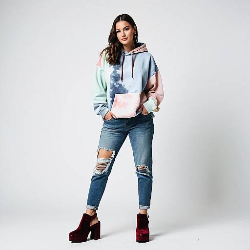 Young Woman in Pastel Tie-Dye Hoodie and Distressed Jeans Fashion Look