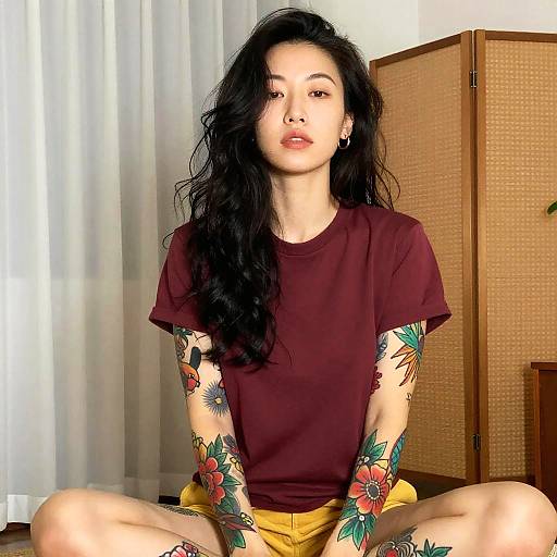 Young Woman with Floral Tattoos in Casual Maroon T-shirt and Yellow Shorts