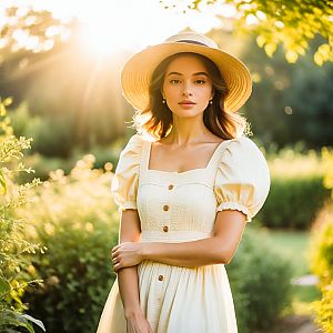 Young Woman in Vintage Dress in Sunlit Garden