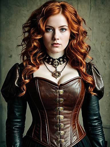 Elegant Woman in Brown Leather Steampunk Corset with Red Curly Hair