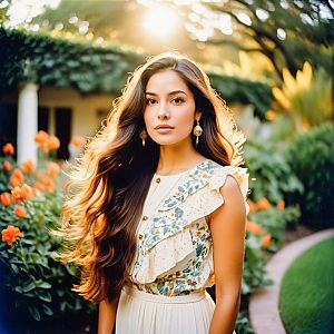 Young Woman in Vibrant Flower Garden