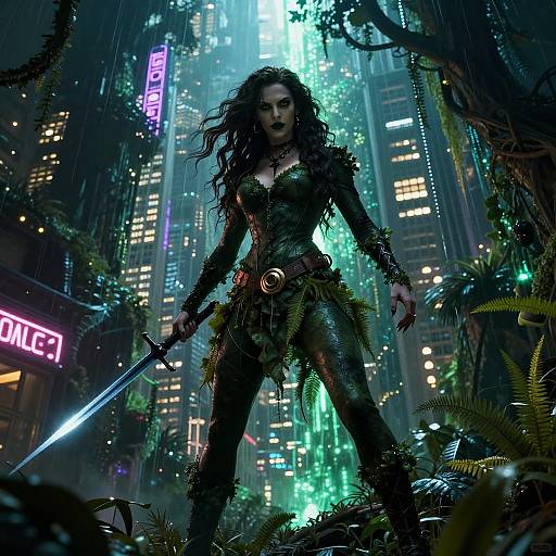 Fierce Gen Z Woman Warrior in Cyberpunk Forest City with Sword