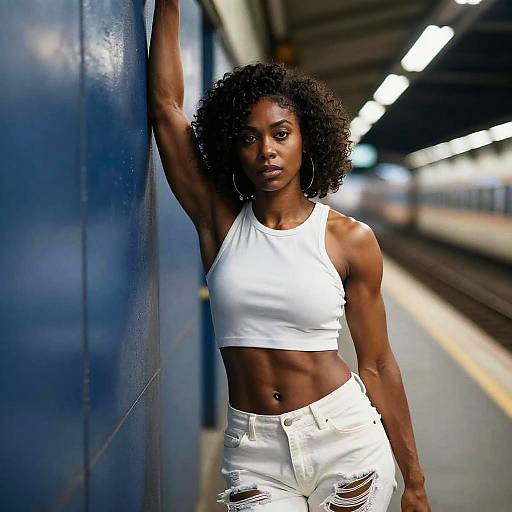 Confident Fit Woman Posing in Subway Station Wearing White Crop Top and Ripped Jeans