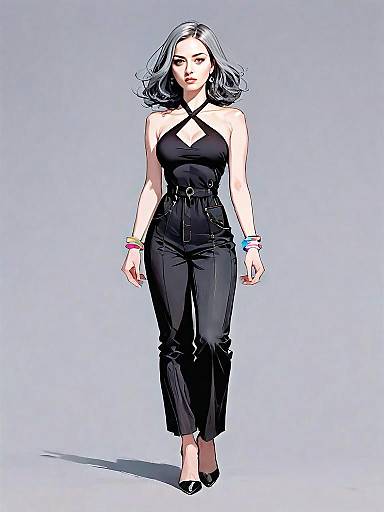 Stylish Woman in Black Outfit Realistic Comic Style Full Body Illustration