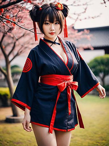 Anime-inspired Woman in Navy and Red Kimono Outfit with Cherry Blossoms